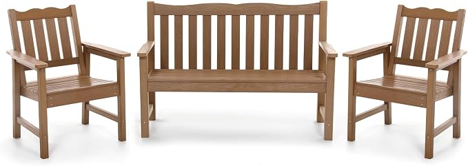 Stoog Oversized All-Weather Garden Bench & Chairs Set, 3-Piece Patio Furniture Set, Include 2 Chairs and 1 Garden Bench, for Porch, Backyard, Lawn, Pool and Deck, Teak