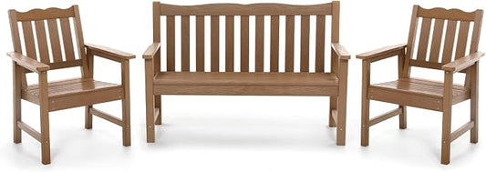 Stoog Oversized All-Weather Garden Bench & Chairs Set, 3-Piece Patio Furniture Set, Include 2 Chairs and 1 Garden Bench, for Porch, Backyard, Lawn, Pool and Deck, Teak