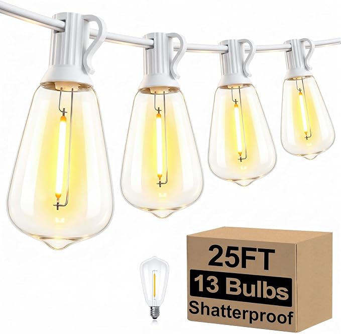 Brightever Outdoor String Light 25 FT, ST38 Patio Lights with 13 Edison Bulbs, Waterproof Connectable Hanging Lights for Backyard Porch Balcony Party Christmas Decor, E12 Socket Base, White