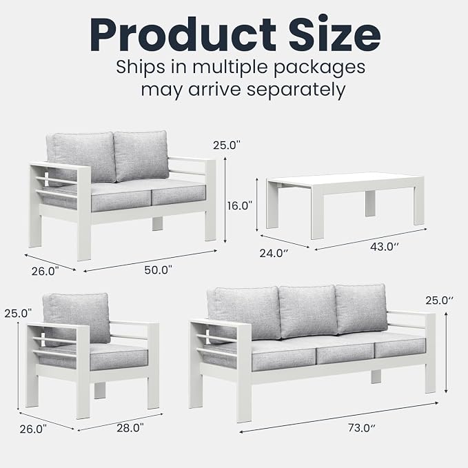 5 Pieces Modern Aluminum Patio Furniture Set, Outdoor Conversation Sets Metal Sectional Sofa with Coffee Table