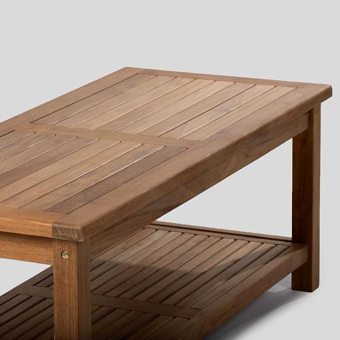 TITAN GREAT OUTDOORS Ash & Ember Sierra Grade A Teak 47" Coffee Table with Shelf, Weather Resistant Tea Table for Deck, Porch, or Backyard Use, Slatted Indoor Outdoor Patio Lounge Furniture