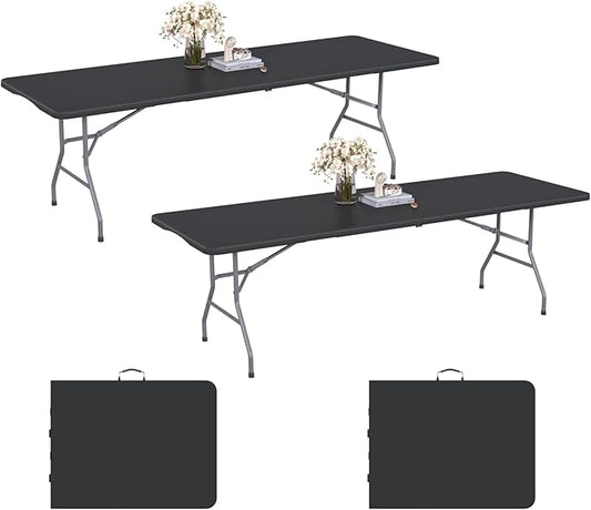 2 Pack 8FT Black Folding Table for Outdoor, 8 Foot Picnic Tables No Assembly Required Portable, Black Foldable Table for Camping, Parties, Meeting, Events, Wedding, with Carrying Handle