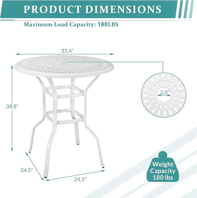MEETWARM Patio Height Bar Table, 35.4" Bar Height Bistro Table, Outdoor Cast Aluminum Bistro Round High Top Dining Table with 2" Umbrella Hole for Garden Deck Backyard, White