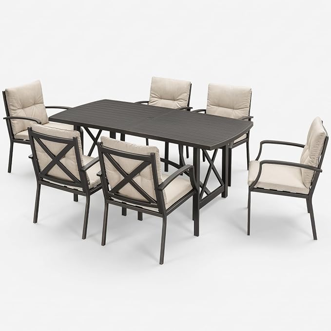 7 Pieces Outdoor Patio Dining Set, Never-Rust Aluminum Patio Table and Chairs, Outdoor Dining Set for 6 with Cushions, Patio Furniture Set for Deck, Garden, Backyard, Gunmetal