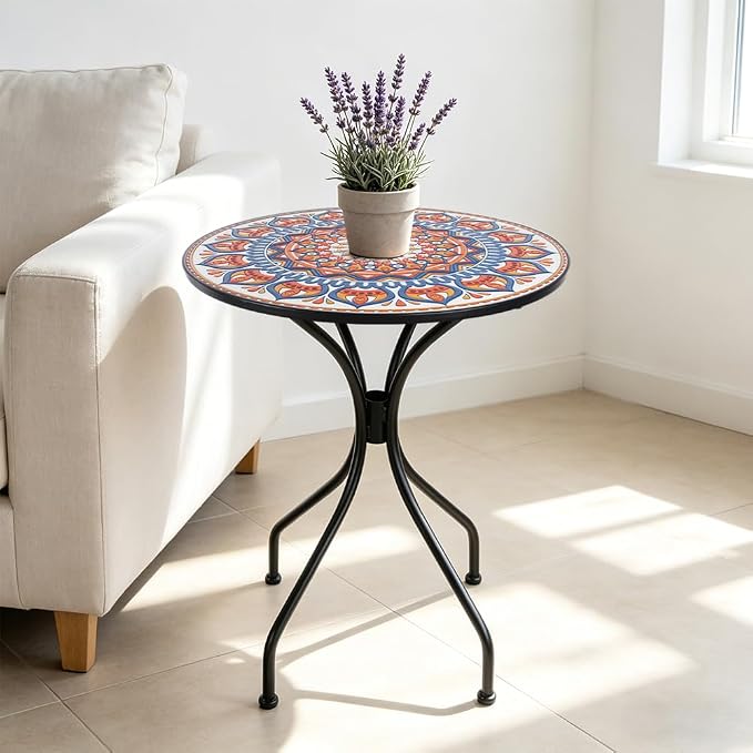 23.6" Outdoor Patio Mosaic Round Table Garden Bistro Accent Table | Ceramic Tile Waterptoof Side End Table Metal Frame Dining Table Furniture for Balcony Backyard Porch Poolside Terrace