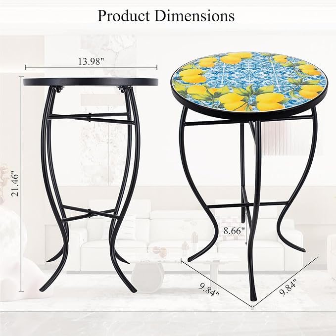 14 Inch Mosaic Patio Side Table with X-Curved Legs, Indoor Outdoor Accent Round End Table with Ceramic Tile Tops for Yard, Garden, Living Room, Bistro, C - Lemon & Blue Tile