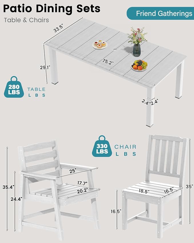 LOUNZY 9 Piece Outdoor Table and Chairs Set, HDPE Dining Furniture, White | 75.2” table,8 seat outdoor dining table set, mixed chair HDPE and ALU, moisture and UV, low maintenance outdoor furniture