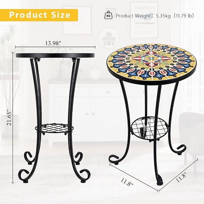 14 Inch Mosaic Patio Side Table with Scroll Legs, Indoor Outdoor Accent Round End Table with Ceramic Tile Tops for Yard, Garden, Living Room, Bistro, B - Grand Mandala