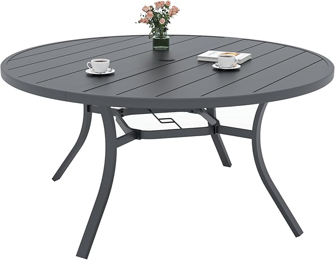Anmutig 7-Piece Outdoor Patio Round Table and Chairs Set with 54 inch Metal Table, 6 Stackable Dining Chairs with Brown Textilene, Armrest