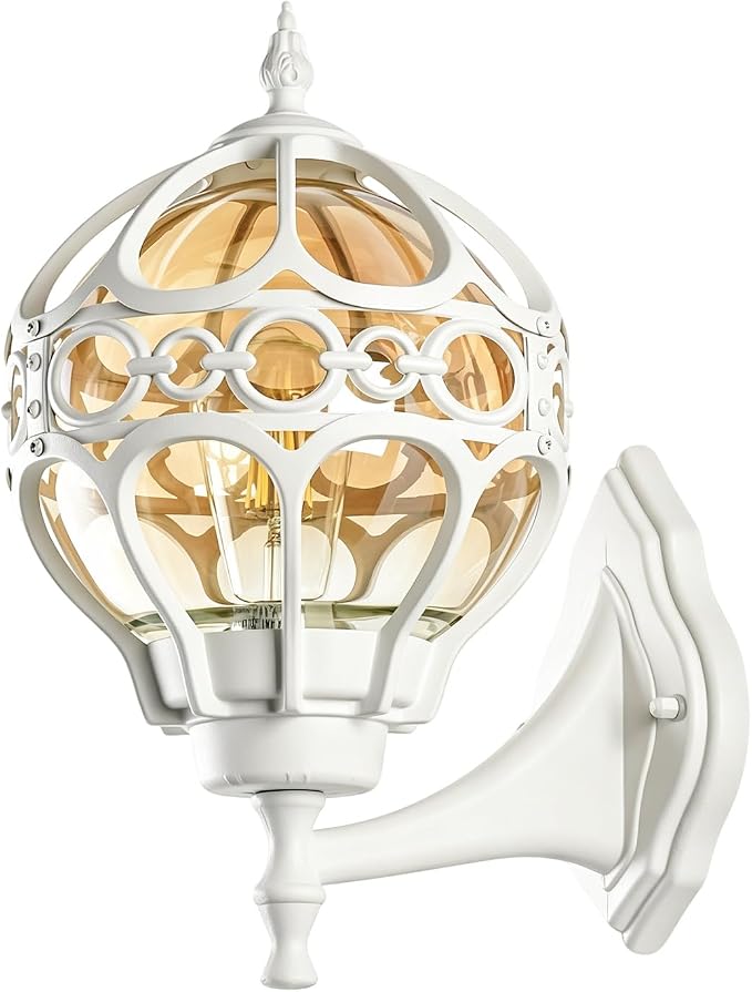 White Globe Outdoor Wall Lights, Round Exterior Wall Sconce for Patio, Porch, Entryway, Anti-Rust Aluminum Wall Mount Lighting Fixture, Outside Wall Lantern with Amber Glass & Ornate Cage, E26 Base