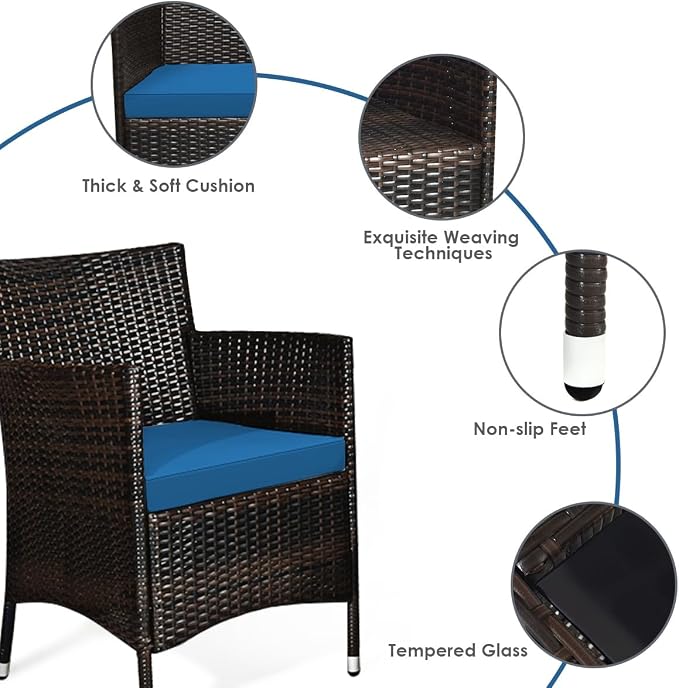 8 Pieces Patio Sofa Set, Wicker Conversation Set with Ergonomic Curved Backrest, Water-Resistant Cushion & Tempered Glass Table for Balcony, Porch (Peacock Blue)