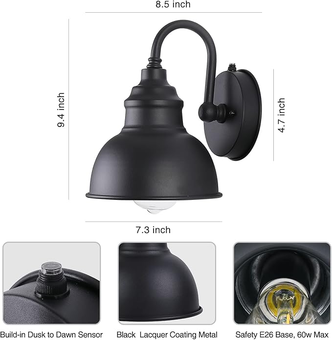 Barn Light Gooseneck Light- Dusk to Dawn Farmhouse Outdoor Lighting, 1-Light Outdoor Gooseneck Lighting with Sensor Farmhouse Wall Sconce for Patio Porch Garage (7.08" Diameter, 1pc) | Black, 1-Light Outdoor Gooseneck Lighting, With Sensor, Farmhouse W...