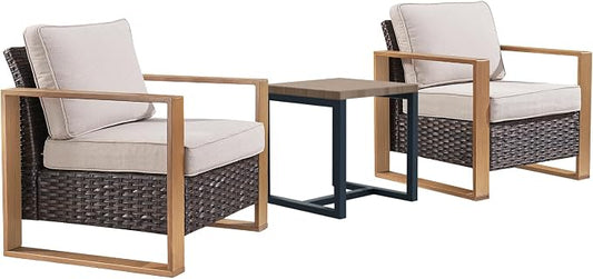 Rilyson 3 Piece Wicker Patio Furniture Set,Patio Bistro Set with 2 Rattan Armrest Chairs and 1 Side Table,Sturdy Frame,All-Weather PE Wicker,Wide Armrest,Deep Seating and Thick Cushions(Brown/Beige)