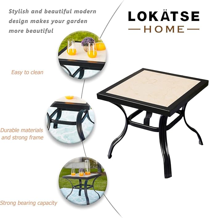 LOKATSE HOME Outdoor Patio Bistro Square End Table Dining Tile Top Metal Legs …