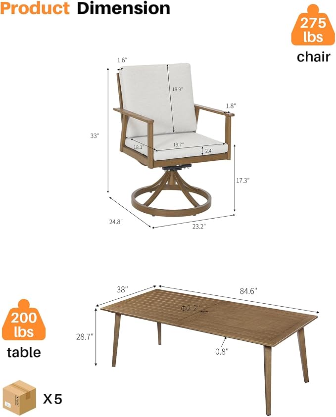 9 Pieces Outdoor Dining Set, Never-Rust Aluminum Patio Swivel Dining Set with Removable Cushions, Outdoor Patio Dining Table Set with 8 Swivel Chairs and Table for Deck Backyard Poolside, Teak