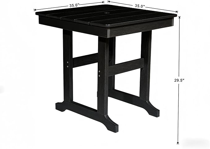 KEIKI 35" HDPE Outdoor Table, All Weather Patio Table with Umbrella Hole, Waterproof & Fade Resistant, Wood Grain Finish, Easy Assembly Patio Furniture for Garden Balcony Poolside Backyard, Black