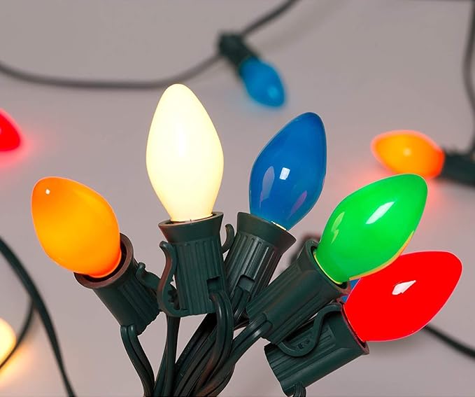 C7 Multicolor Christmas Lights Outdoor, 25Ft Incandescent Christmas Outdoor String Lights with 27 Multicolor Ceramic Bulbs Vintage Christmas Lights for Roofline Patio Xmas Tree Party Garden Decoration