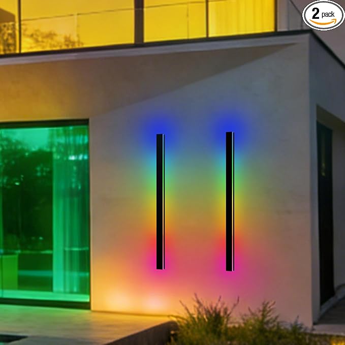 RGB Outdoor Wall Lights, Ip65 Waterproof Linear Led Modern Wall Sconce, 7 Colors and 358 Light Effects, Dimmable with Remote Modern Linear Exterior Light Fixture 47.25 inch (2 Pack)