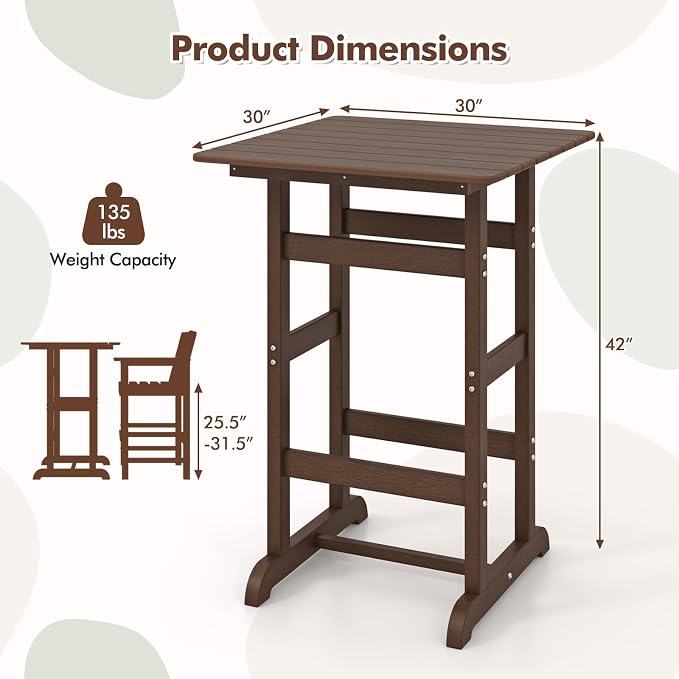 Giantex 42" Height Outdoor Tall Bar Table, HDPE Square Pub Tables with Wood Grains, High Top, Cocktail Bistro Table for Adirondack Chairs, Patio, Garden, Poolside, Yard, Balcony, Brown