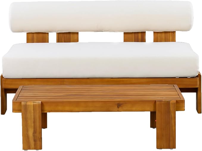 Christopher Knight Home Phobo Acacia Wood Outdoor Loveseat and Coffee Table Set, 2 Piece Patio Furniture Set with Cushion, Outdoor Conversation Set with Slatted Design for Backyard, Teak + Beige
