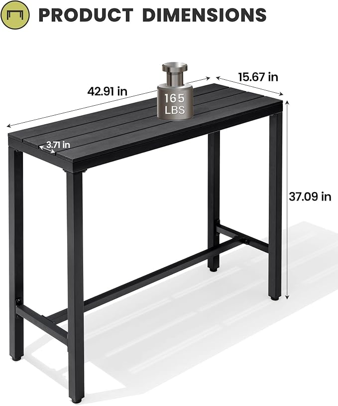 Crestlive Products Outdoor Bar Table, 43'' Rectangle Patio Counter Height Table High Pub Table with Waterproof Top and Sturdy Metal Frame for Balcony, Bistro, Garden, Backyard, Hot Tub(Black)