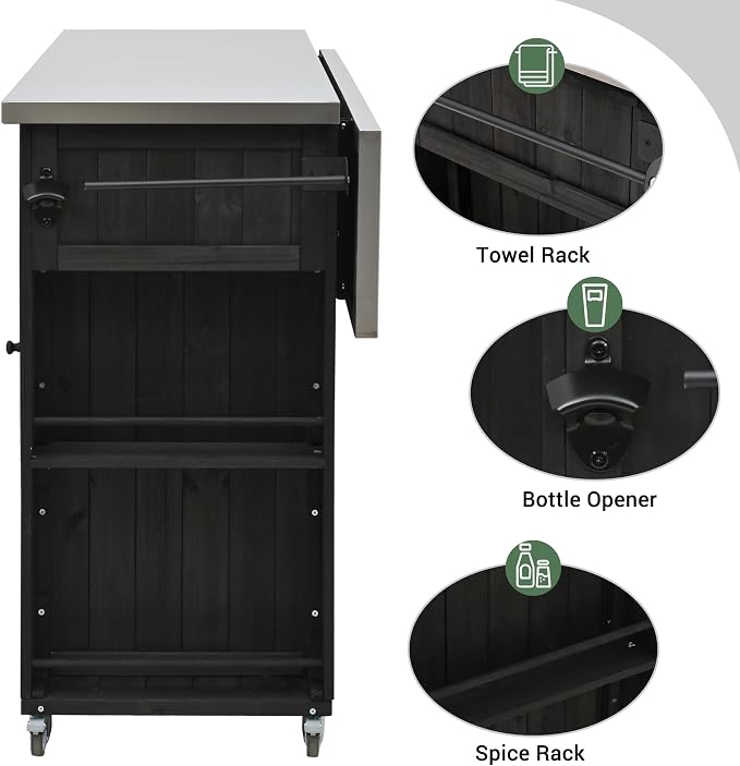 Outdoor Kitchen Island Fir Wood Kitchen Island with Stainless Steel Top,Ample Storage Space, Towel and Spice Racks and a Bottle Opener for Outdoor (Black@53)