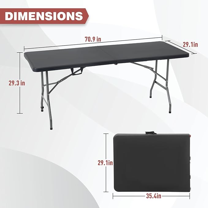 6FT Folding Table, Fold-in-Half Portable Plastic Table with Handle, Heavy Duty HDPE, 500 lbs Capacity, Waterproof & Scratch-Resistant, Locking Legs, Anti-Slip Feet for Indoor Outdoor Party Picnic