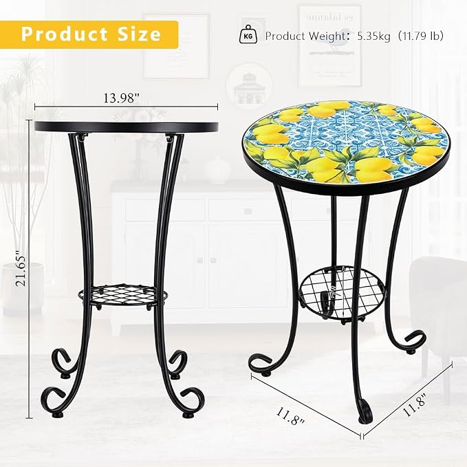 14 Inch Mosaic Patio Side Table with Scroll Legs, Indoor Outdoor Accent Round End Table with Ceramic Tile Tops for Yard, Garden, Living Room, Bistro, B - Lemon & Blue Tile