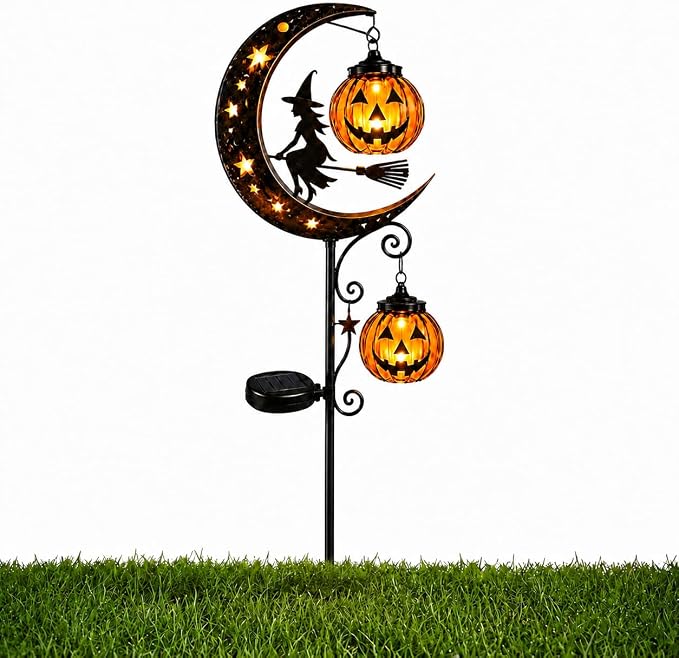 Solar Halloween Black Witch & Pumpkin Moon Garden Stake Light, Outdoor Waterproof LED Yard Decoration with Crescent Moon, Hanging Jack-o'-Lantern Lantern for Garden, Patio, Walkway, Porch(Style E)