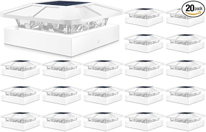 4x4 Solar Post Cap Lights Outdoor with 3 Modes, 20 Packs White Fence Light Solar Powered Waterproof, Wood/Vinyl Post Top Lights for Deck Yard Garden Patio Porch Outside