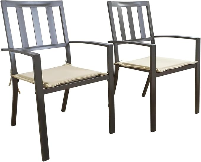 Kozyard Coolmen Outdoor Patio Dining Chair Set of 2, Steel Frame Stackable Chairs with Cushions, Weather Resistant, Brown Frame for Garden, Balcony, Backyard