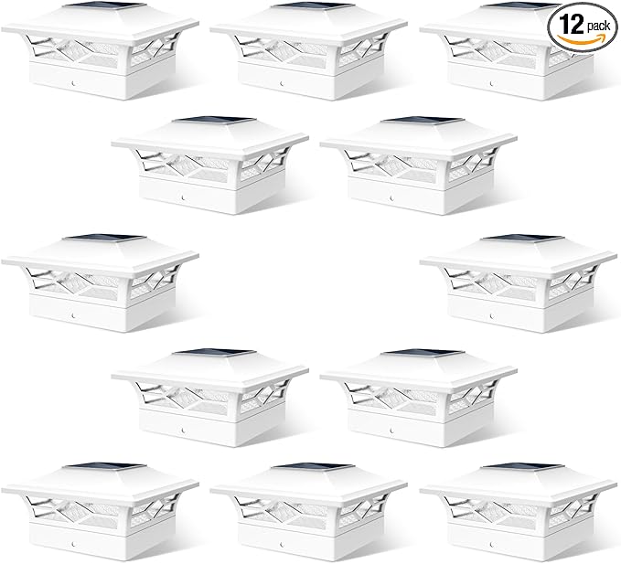 JOFIOS Solar Fence Post Lights, Cap Lights for 4x4/5x5 Vinyl Fence and 4x4/6x6 Wooden Post, Warm White/Cool White Lighting, White Solar Cap Outdoor Waterproof Decorate Garden Pathway Dcek Patio