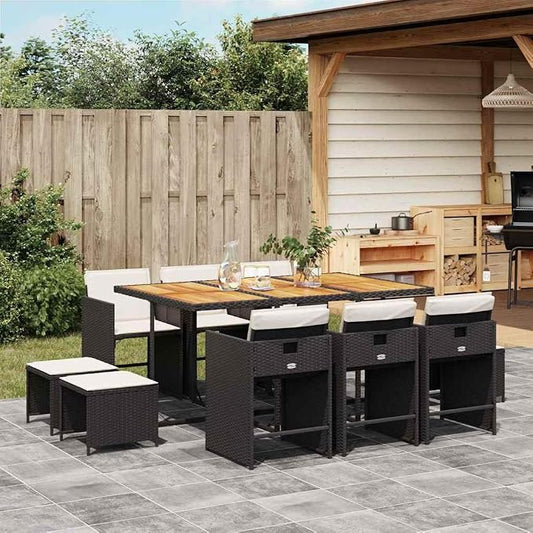 11 Piece Outdoor Dining Set, Poly Rattan Garden Table and Chairs for Patio, Backyard, and Deck, Collapsible Seating, Black and Brown