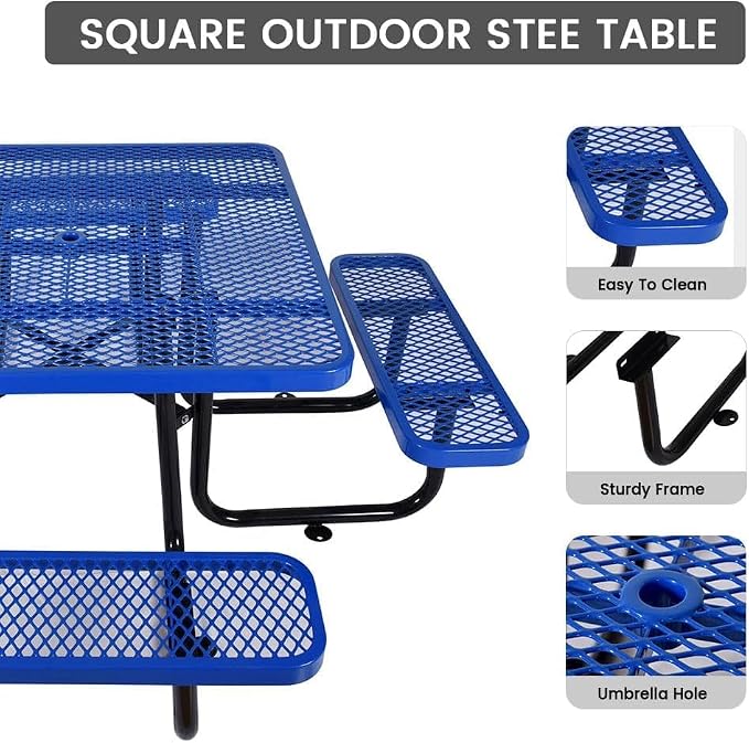 46" Square Commercial Picnic Table for 4-8 Person, Heavy Duty Metal Outdoor Picnic Table with Umbrella Hole for Coffee Shop, School, Hospital, Easy to Install, Blue