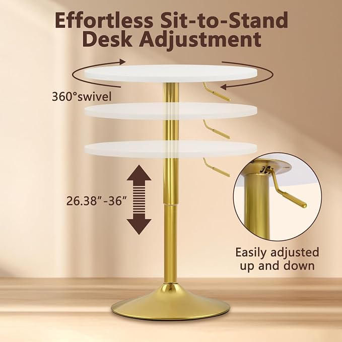 CLATINA Round Bar Pub Table, 26"-36" Height Adjustable Bistro Tables with Gold Base, 360°Swivel High Top Cocktail Table for Home Kitchen Party Drink Restaurant Wedding Cafe Office Reception,White,2PK