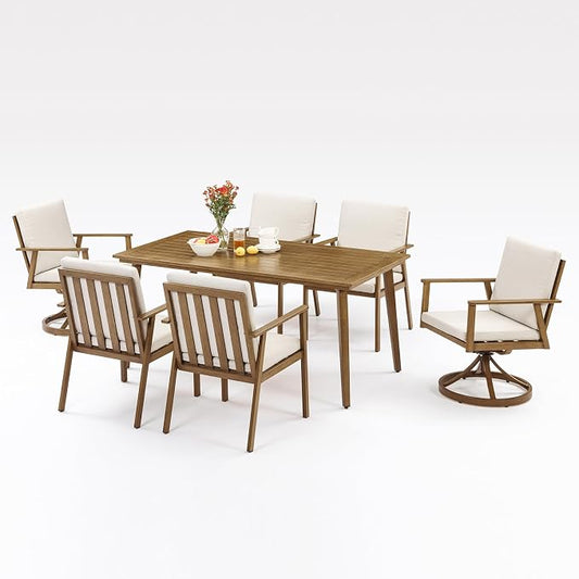 7 Pieces Patio Dining Set, Never-Rust Aluminum Outdoor Dining Table Set with Removable Cushions, Outdoor Furniture Set with 2 Swivel Chairs, 4 Dining Chairs for Deck Poolside, Backyard, Teak