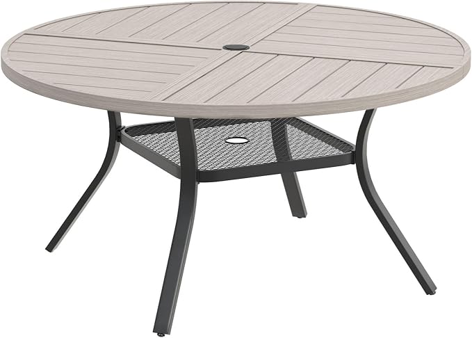 DIFY 47.2" Round Outdoor Patio Dining Table for 6, All-Weather Metal Steel Slatted Patio Table with 1.57" Adjustable Umbrella Hole, for Lawn Garden Porch Backyard, Grey Wood-Like