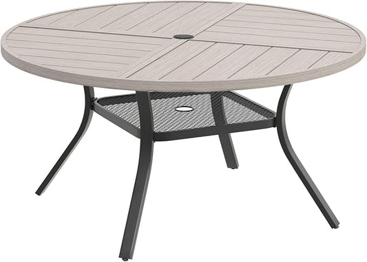 DIFY 47.2" Round Outdoor Patio Dining Table for 6, All-Weather Metal Steel Slatted Patio Table with 1.57" Adjustable Umbrella Hole, for Lawn Garden Porch Backyard, Grey Wood-Like