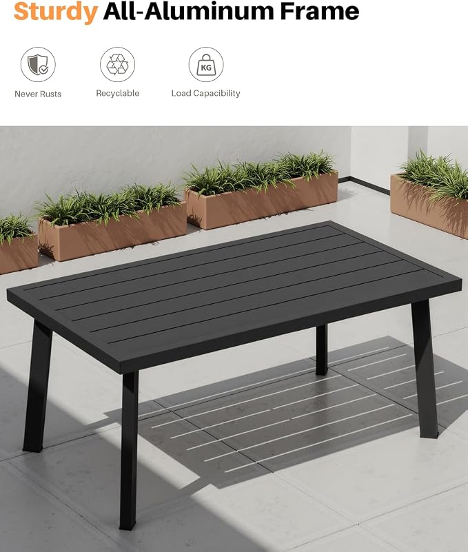 Patio Coffee Table, Never-Rust Aluminum Outdoor Coffee Table with Wood Grain Texture, Modern Rectangle Garden Coffee Table with Slatted Tabletop for Poolside, Decks, Indoor, Backyard, Black