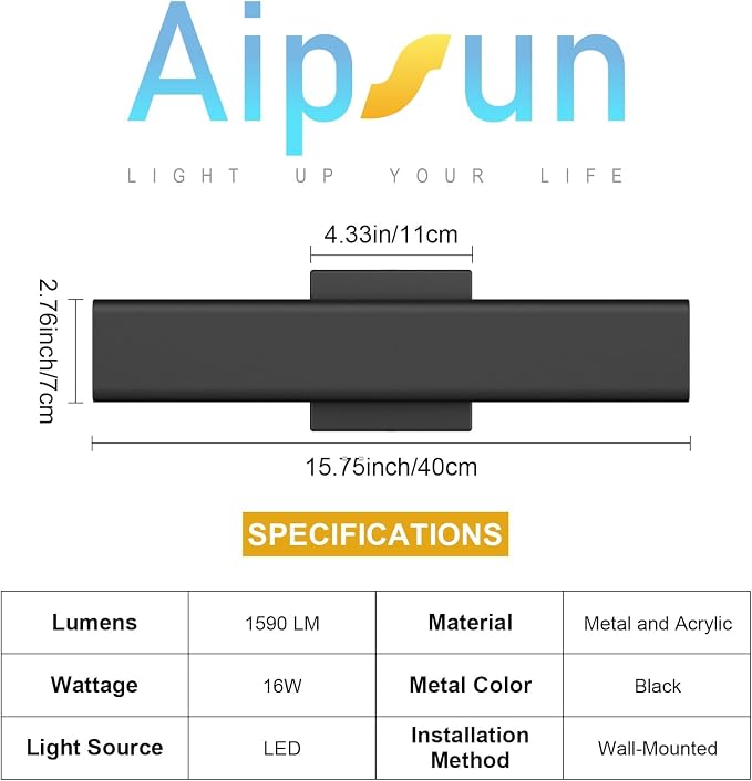 Aipsun 2 Packs Outdoor Wall Sconce, 3000K 4000K 6000K, 15.75in Modern Black Exterior Light, Long LED Linear Wall Light Outside Lighting for Entrance, Hallway, Garage, Porch(3CCT)