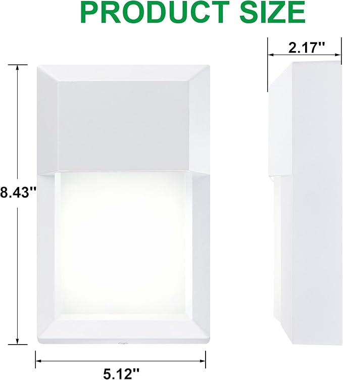 Outdoor Porch Light, LED Wall Sconce, Rustproof Aluminum | Modern Exterior Wall Light Fixture for House, Patio, Garage, 12W 1000 Lumen, Waterproof, 5000K, White, 2 Pack