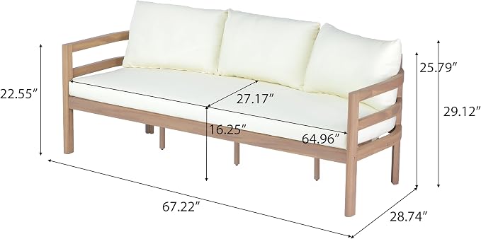 Christopher Knight Home Silas Acacia Wood Patio Furniture Set and Slatted Coffee Table, 2 Piece Outdoor Acacia Wood Conversation Set, Modern 3-Seater Sofa Set with Removable Cushion, Light Teak+Beige