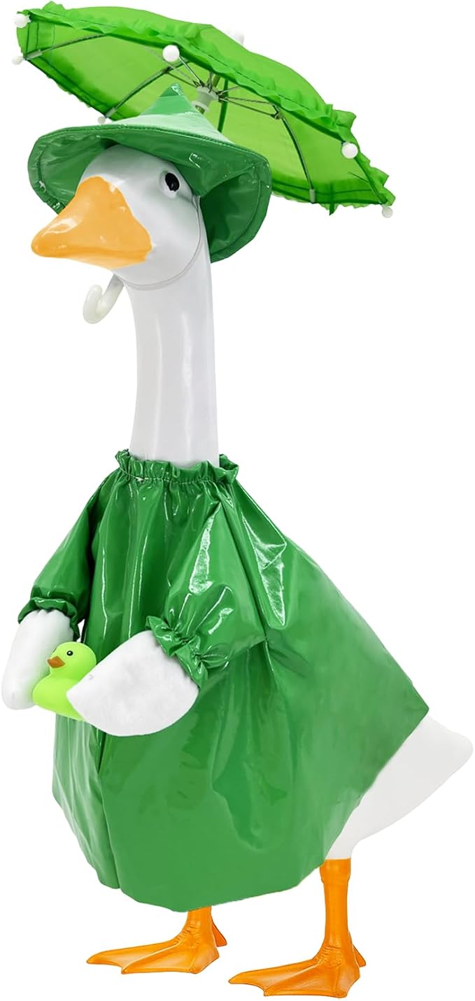 23 Inch Porch Goose Raincoat Outfit Set with Umbrella & Baby Duck Companion, Waterproof Geese Clothes for 19–23 Inch Goose and Duck Statues,Garden Yard Patio Outdoor Decor