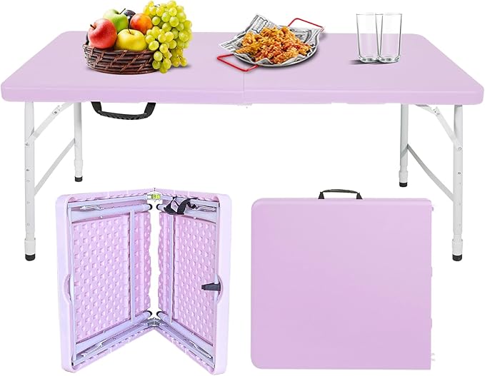 Portable Plastic Folding Table 4ft/6ft/8ft Heavy Duty White Black Picnic Dining Table Fold-in-Half for Camp Party Kitchen Indoor Outdoor