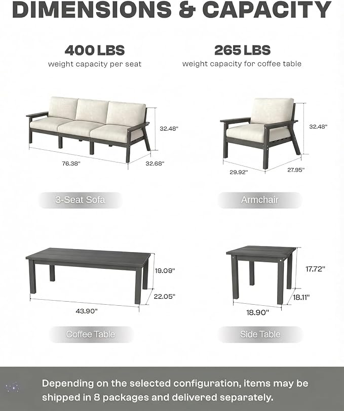 HDPE Patio Furniture Set 8 Seats, Outdoor Couch with Washable Thick Beige Cushions & Side Table, Outdoor Sectional Furniture for Backyard, Deck, Lawn, Porch (Gray Frame)