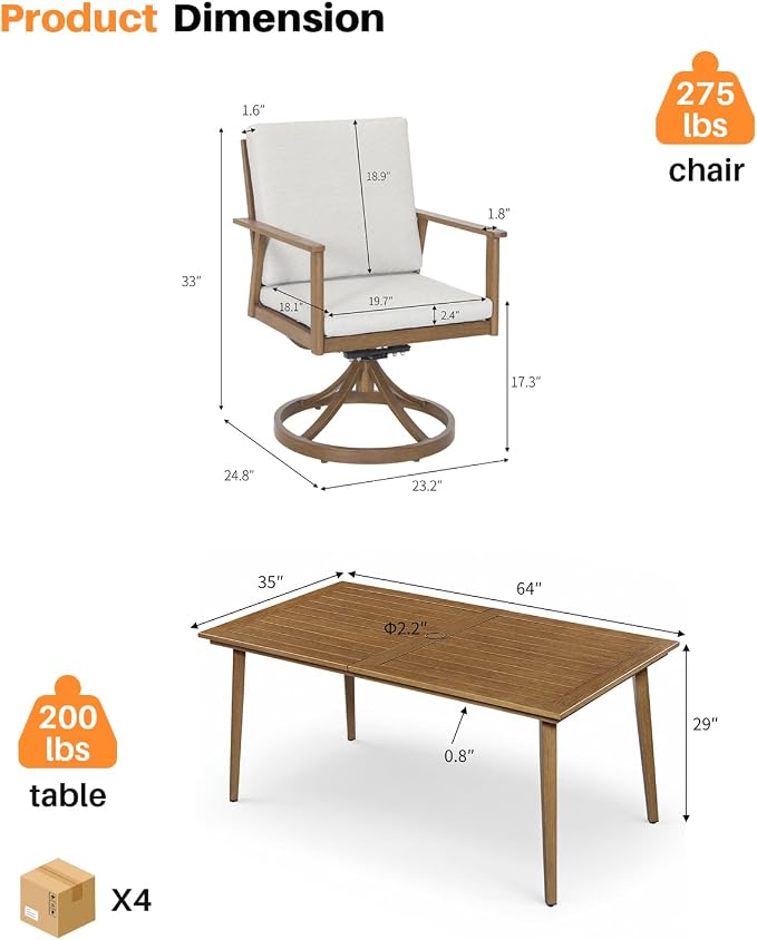 7 Pieces Patio Dining Set with 6 Swivel Chairs, Never-Rust Aluminum Outdoor Dining Set, Patio Swivel Dining Set with Thick Cushions, Outdoor Furniture Set for Deck, Garden, Yard, Teak