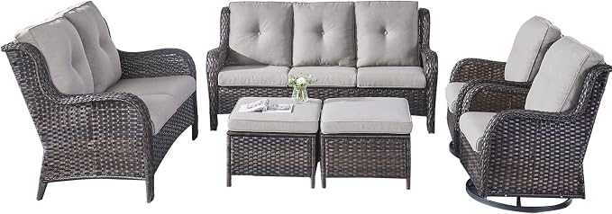 Rilyson Wicker Patio Furniture Set - 6 Piece Rattan Outdoor Sectional Conversation Sets with 2 Rocking Swivel Chairs,2 Ottomans,1 Sofa and 1 Loveseat for Porch Deck Garden(Brown/Grey)