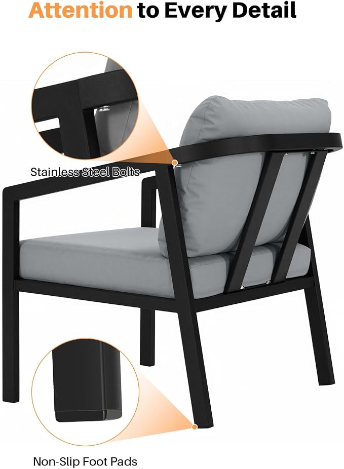 Patio Sofa Chairs Set of 2, Never-Rust Aluminum Outdoor Armchair with Removable Cushions, All Weather 2 Pieces Outdoor Club Chairs, Outdoor Sofa Chairs for Garden, Lawn, Backyard, Black