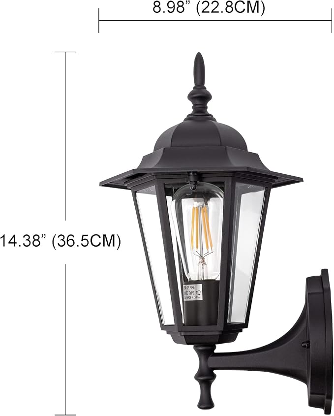GRUENLICH Outdoor Wall Light Fixture, Rustproof Aluminum, Glass | Exterior Porch Light Wall Sconce Lantern for House, Patio, Garage, Waterproof, E26 Socket 60W Max, Black, 1 Pack