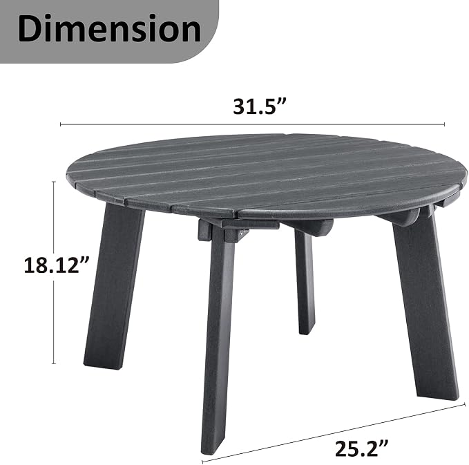 31.5" Outdoor Round Coffee Table, Adirondack Patio Coffee Table, Outdoor Large Side Table for Balcony Lawn (Grey)